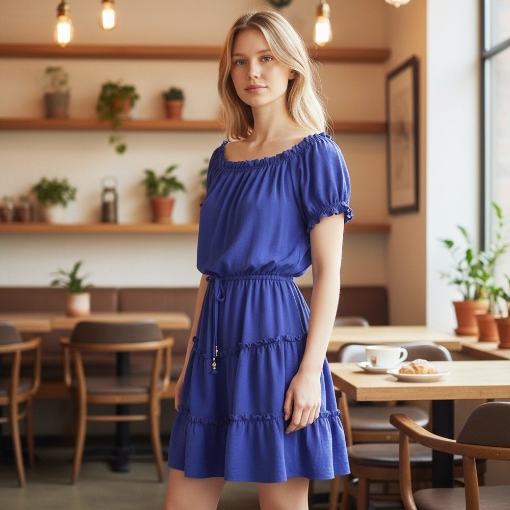 City Triangles Royal Blue Tiered Ruffle Mini Dress‎ Small Off Shoulder Boho
